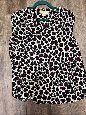 MICHAEL Michael Kors White and Burgundy Leopard Print Sleeveless Blouse